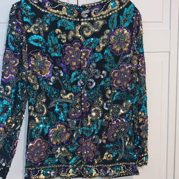 100% Silk SequinTop BlackTie Oleg Cassini Black Teal Purple Gold Sequins Beads - Picture 5 of 8